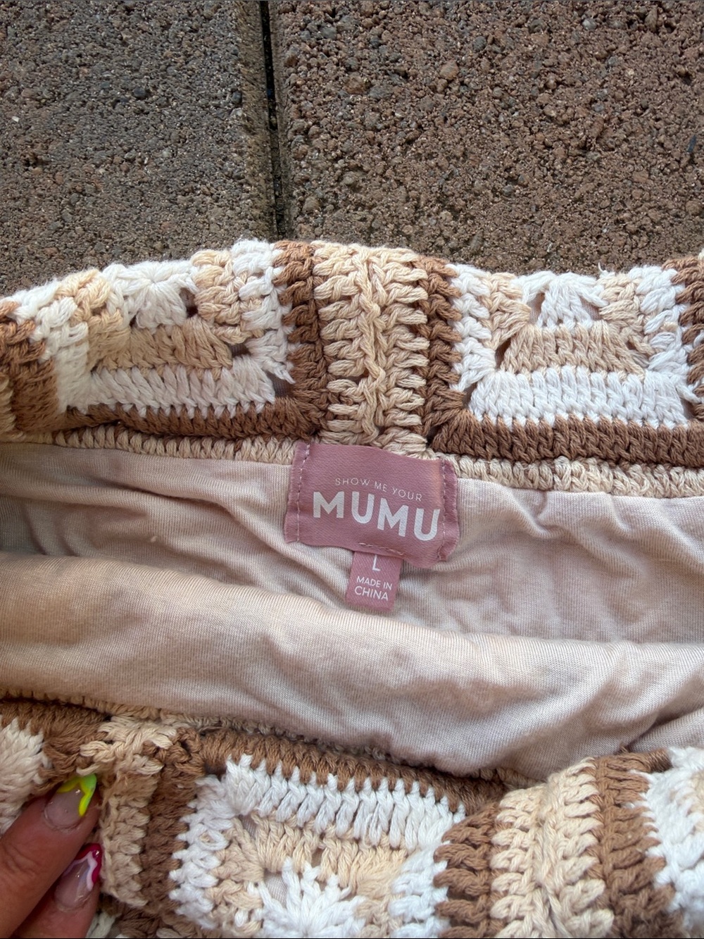 Show Me Your MuMu Crochet Patchwork Mini Skirt in Cream Brown Virgo granny knit - Picture 4 of 4